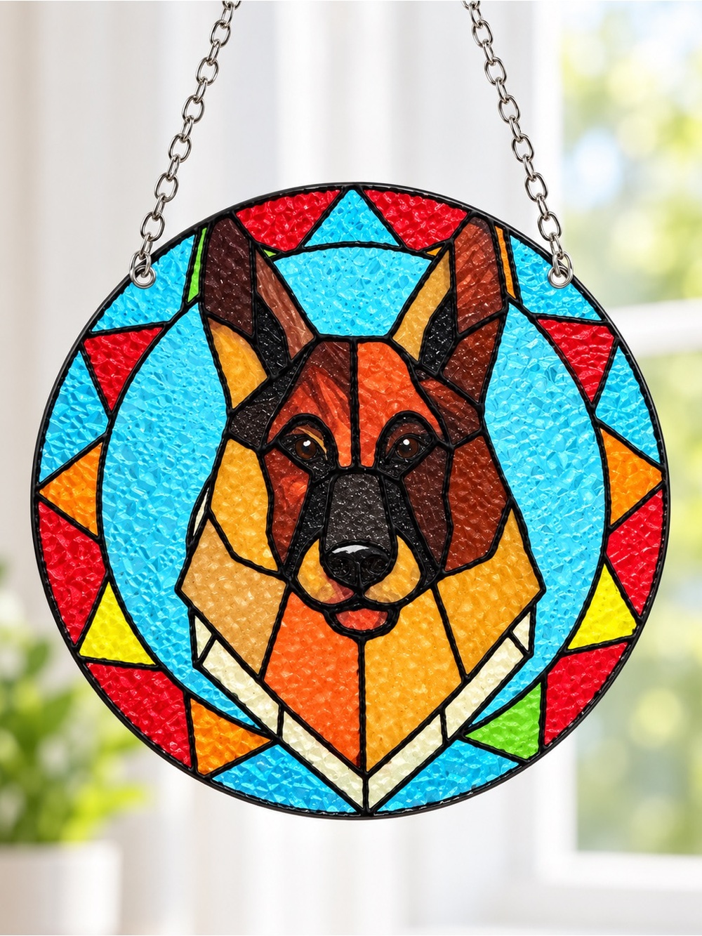 Stained Glass German Shepherd Dog Suncatcher - Colorful Window Decor
